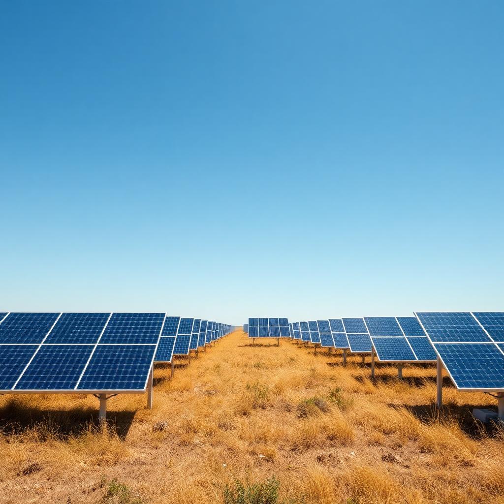 Solar panels in a field under a clear sky