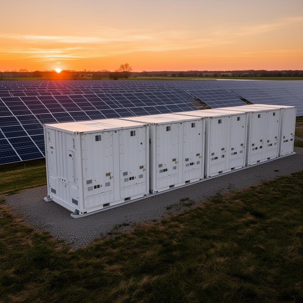 Battery storage installation alongside solar panels at sunset