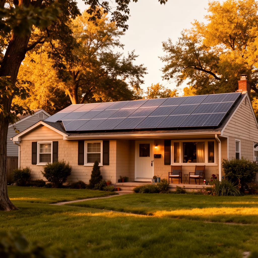 American home with rooftop solar panels at sunset