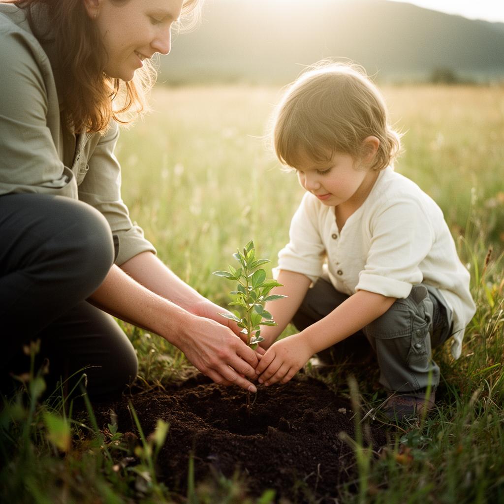 A parent and child planting a seedling together in a sunlit meadow